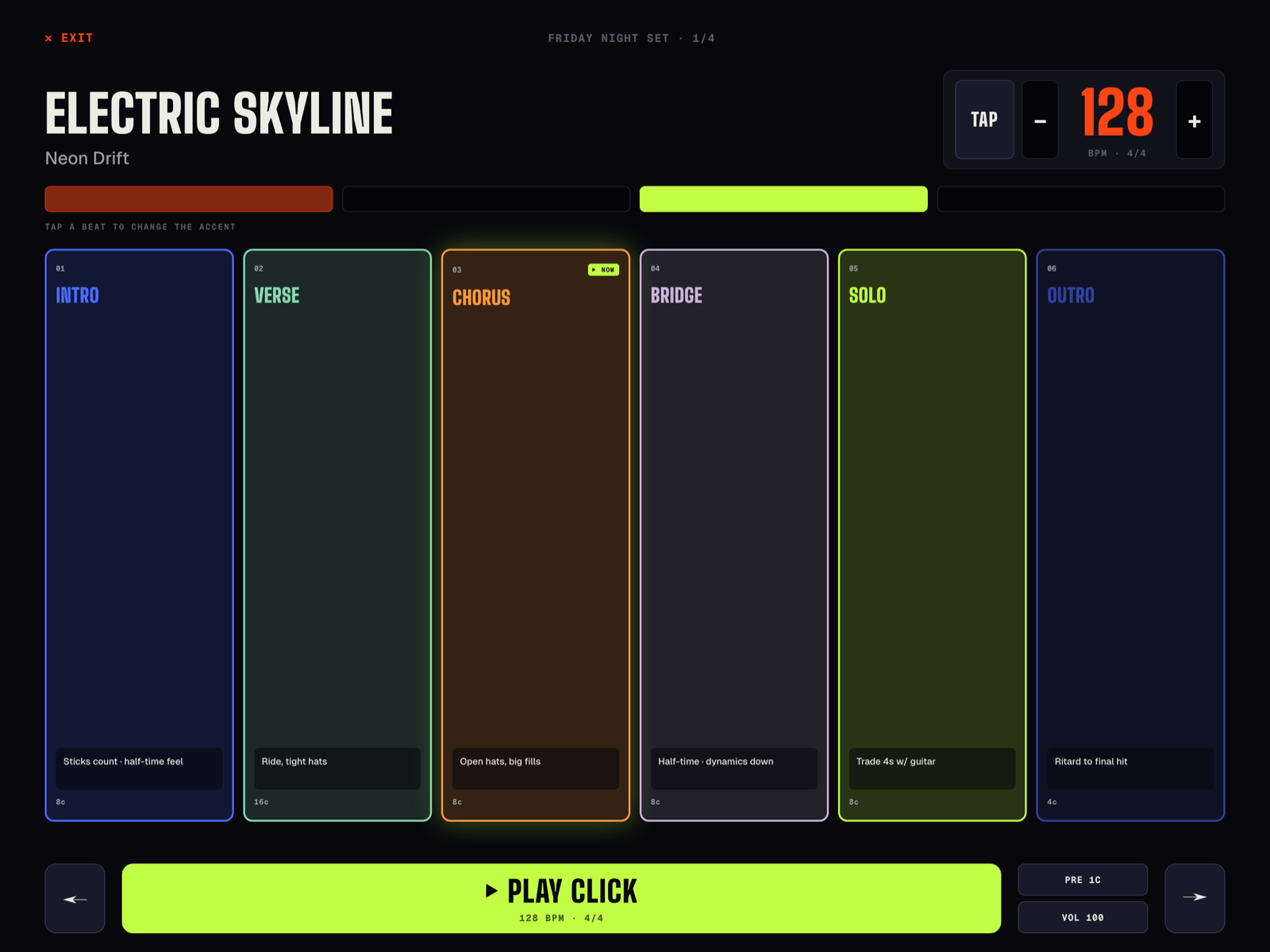Drumo Live mode: song structure with sections and a giant play click button